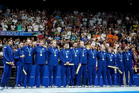 Men's water polo: United States' team celebrate after winning bronze